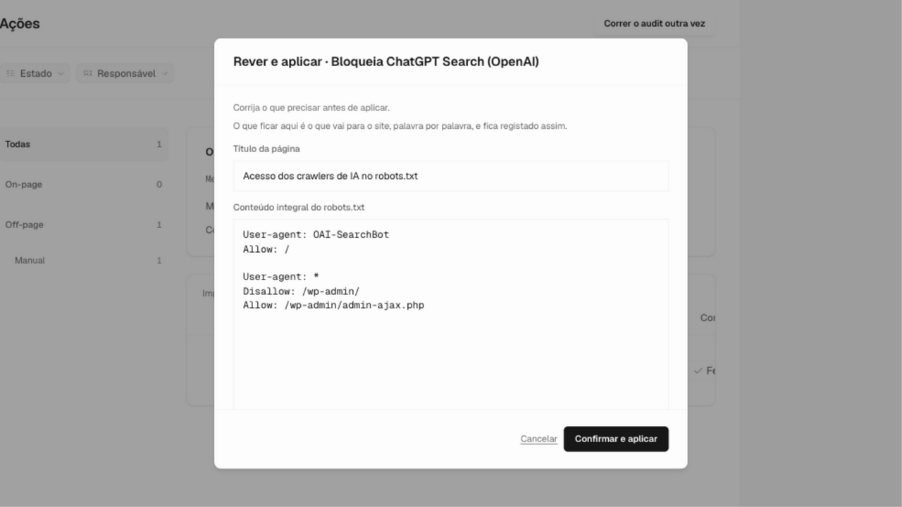 Modal «Rever e aplicar» sobre o achado do robots.txt, com o ficheiro integral aberto em campo editável e os botões Cancelar e Confirmar e aplicar.